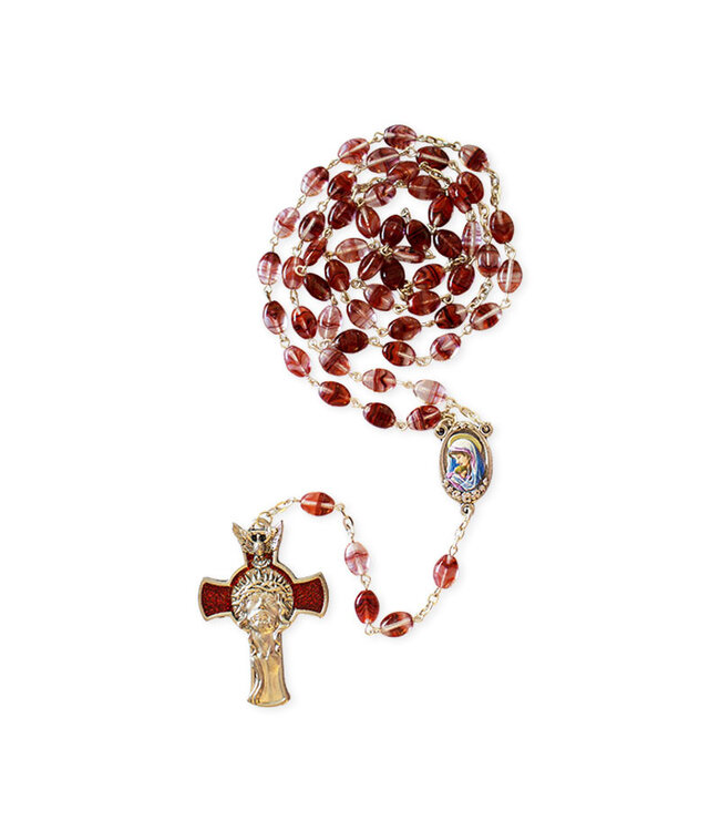 Sacred Heart of Jesus and Mary Rosary, oval beads, red