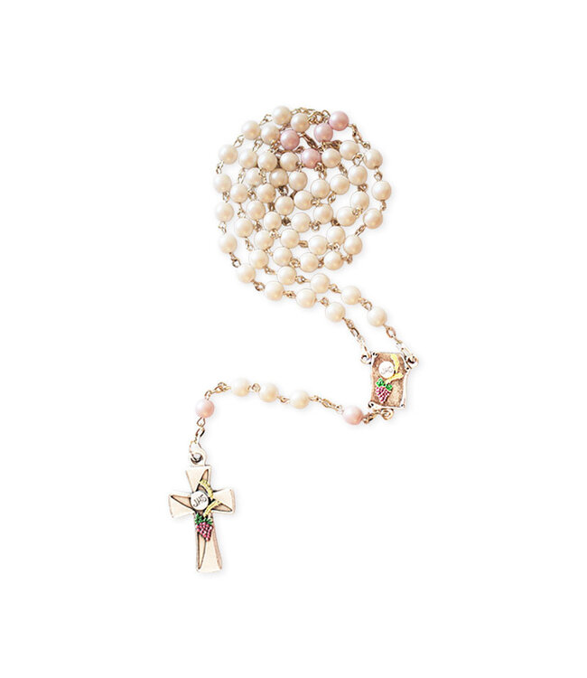 White and frosted pink rosary, silver chain