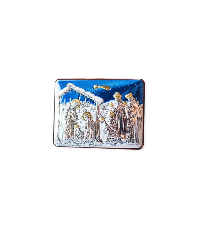 Mini Nativity scene icon with the Three Wise Men, made of wood with a silvery plaque