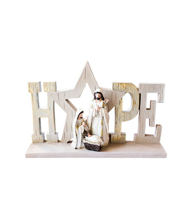 Mot Hope en 3D, avec Nativité dans une étoile, en résine couleur, imitation bois