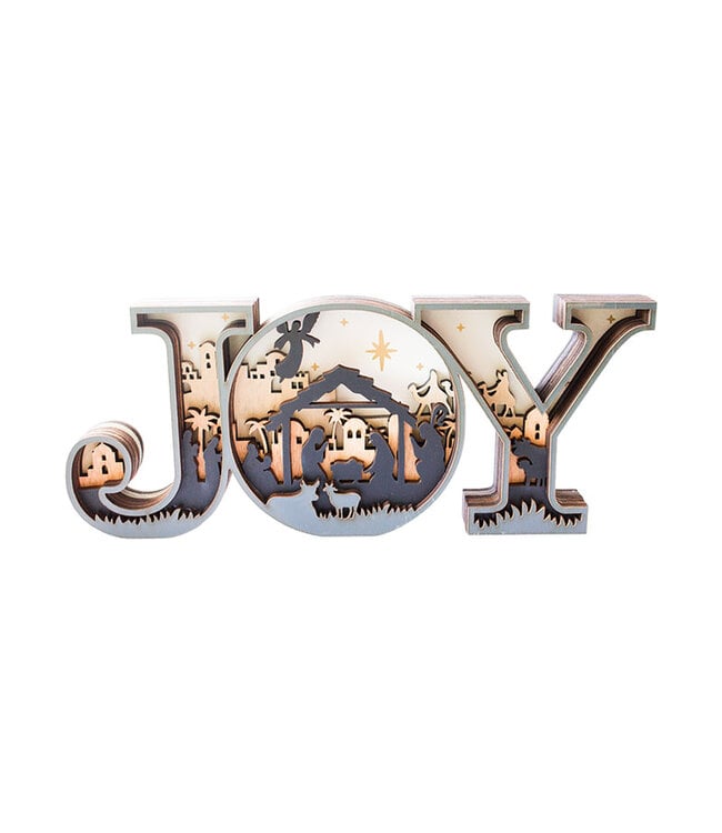 “Joy” wooden decoration with a layered-effect Nativity scene