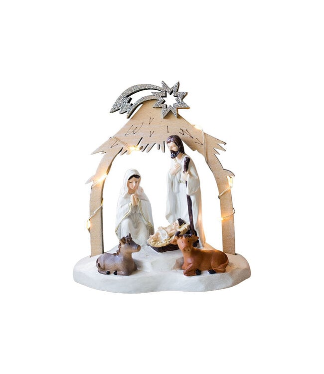 Illuminated Nativity scene with five figures