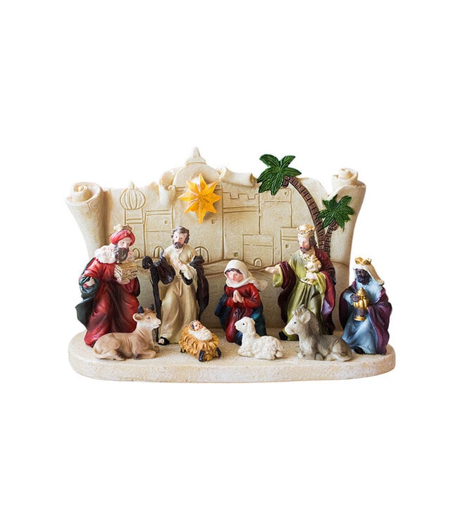Nativité colorée avec étoile lumineuse, fond style parchemin