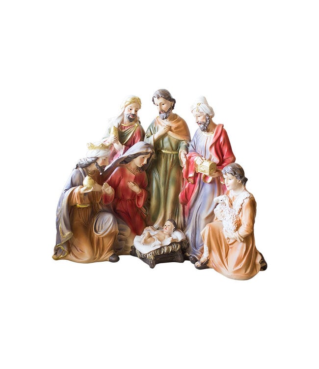 Nativité colorée avec sept personnages