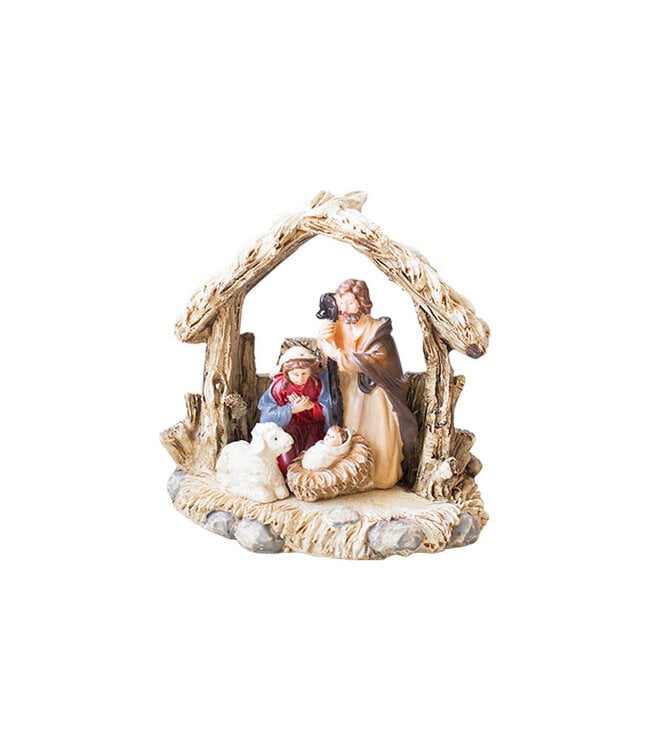 Petite sainte Famille colorée dans une étable en résine