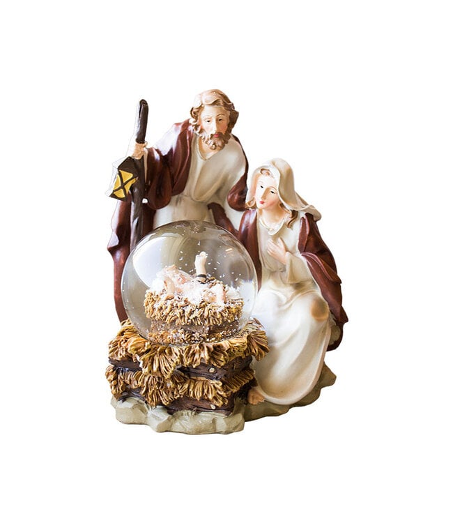 Sainte Famille en résine beige et marron avec l'enfant Jésus dans la boule d'eau