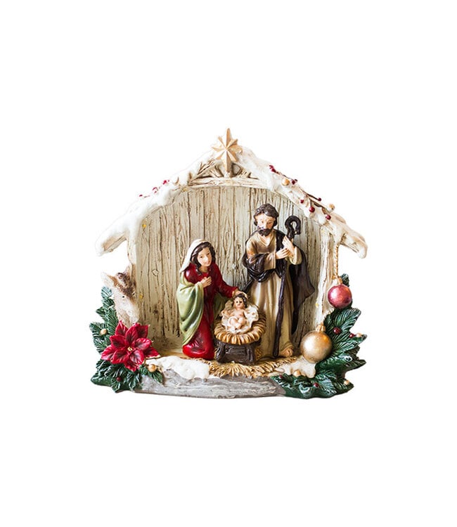 Sainte Famille colorée et lumineuse dans une étable, boules de Noël, sapin et neige