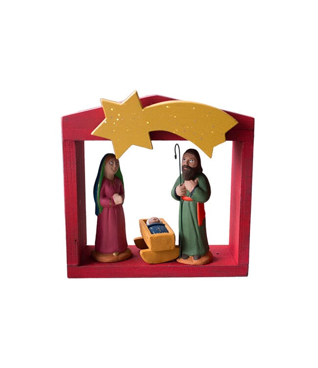 Les Santons de Charlevoix Red nativity scene with three figurines and a star