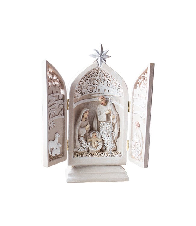 Nativité triptyque dans une alcove en ogive en résine beige et rehauts argenté