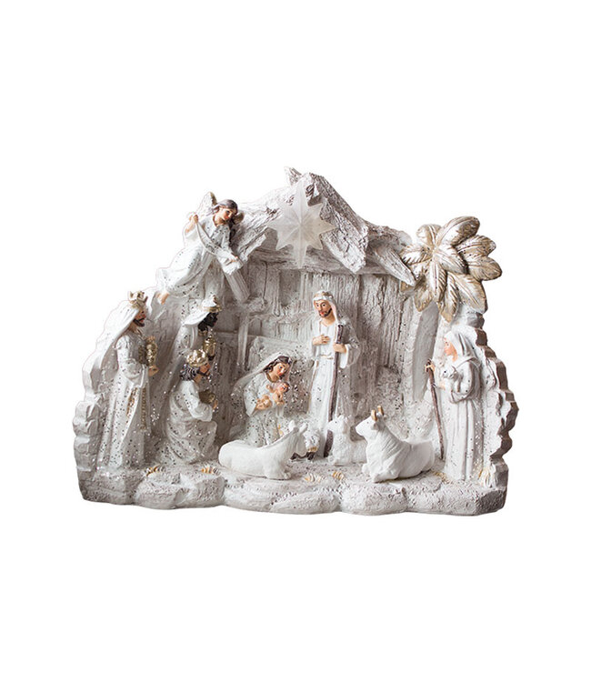 Nativité blanche et argent, ange Gloria, palmier et étable