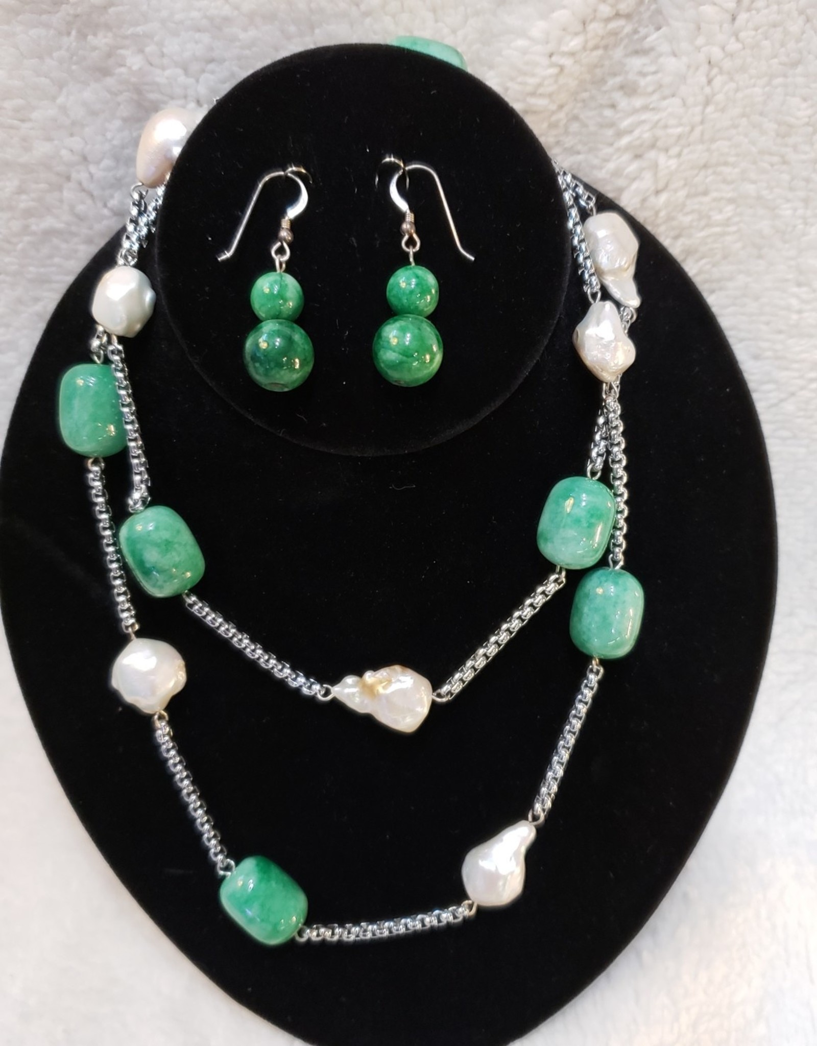Pearl & Green Stone Necklace & Earring Set