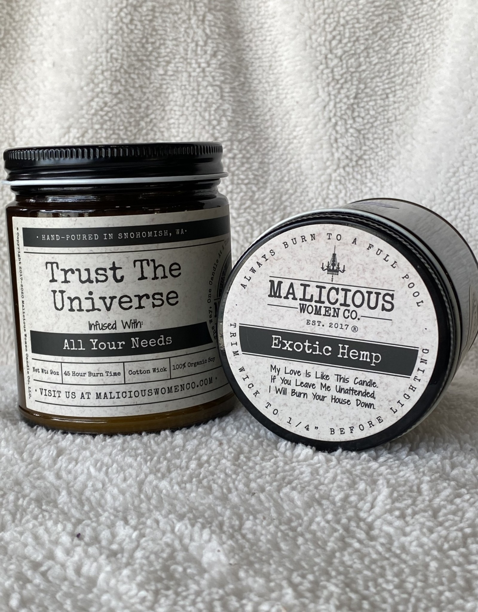 Malicious Woman Candle Co. Trust The Universe | Infused With " All Your Needs" | Scent: Exotic Hemp