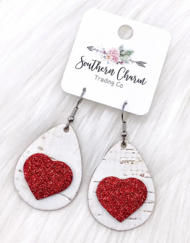 Southern Charm Trading Co Red Glitter 3-D Heart Cork Earrings