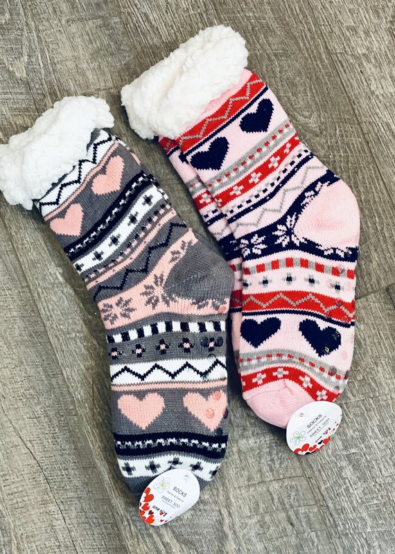 Beauty Stash Valentine Heart Fleece Slipper Socks (Gray or Pink)