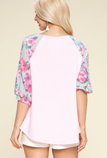 Emerald Pink Floral Bubble Sleeve Spring Top (S-3XL)