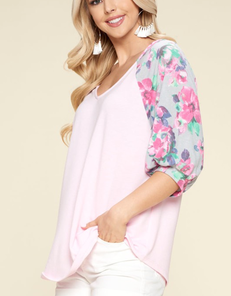 Emerald Pink Floral Bubble Sleeve Spring Top (S-3XL)