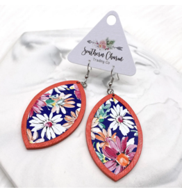 Southern Charm Trading Co Navy & Coral Floral Wood Earrings
