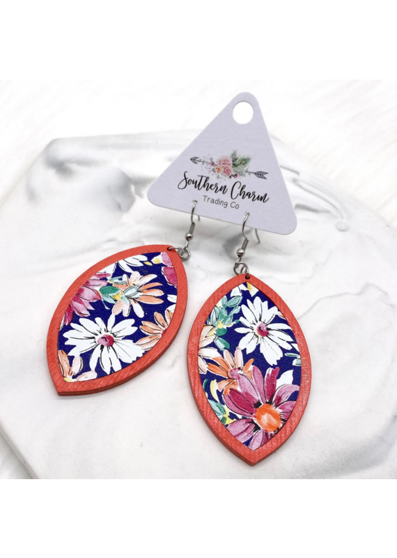 Southern Charm Trading Co Navy & Coral Floral Wood Earrings