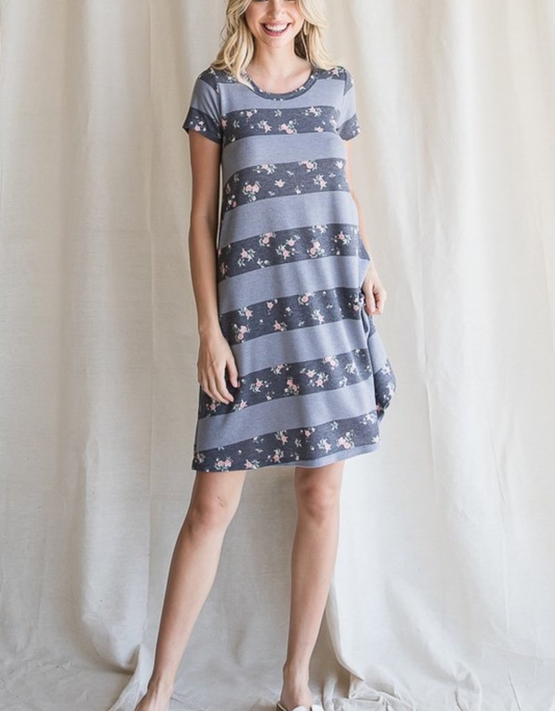 7th Ray Vintage Charcoal Striped Swing Dress (S-XL)