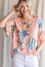 7th Ray Coral Floral Cross Ruffle Top (S-XL)