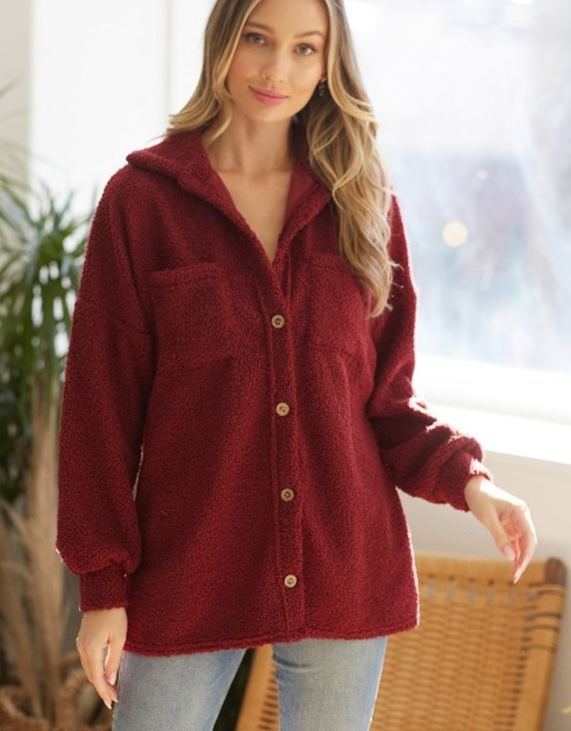Lovely Melody Burgundy Poodle Button Shacket (S-XL)