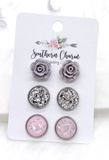 Southern Charm Trading Co Grey & Pink Rose Earring Set of 3