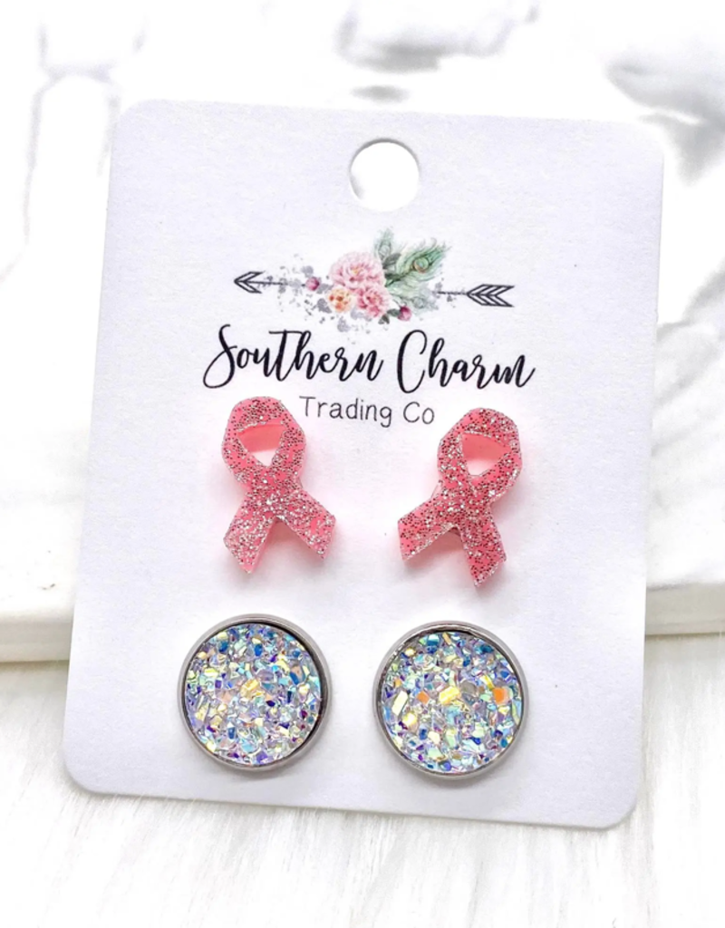Southern Charm Trading Co Breast Cancer Ribbons & Crystals Earring Set