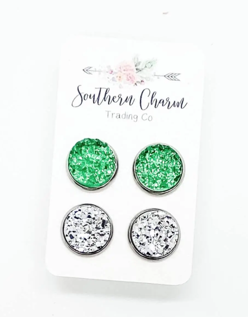 Southern Charm Trading Co Go Green Silver Sparkle Earring Set
