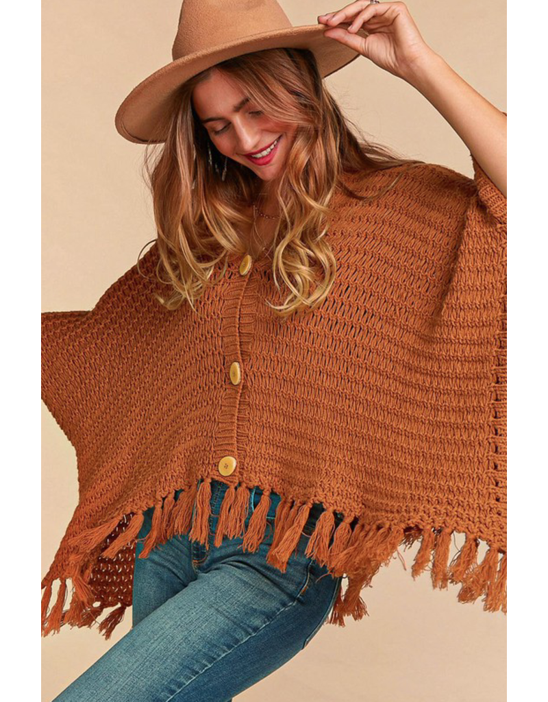 Haptics Rust Fringe Poncho (S-3XL)