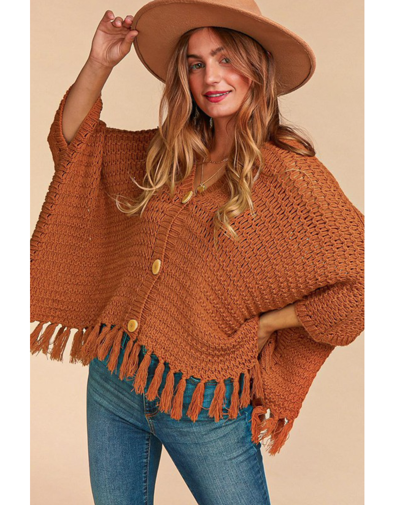 Haptics Rust Fringe Poncho (S-3XL)