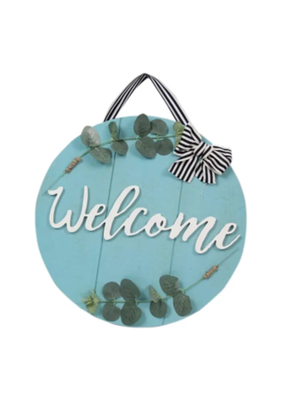Youngs Home Decor Aqua Welcome Round Hanging Sign (Local Pick Up Only)