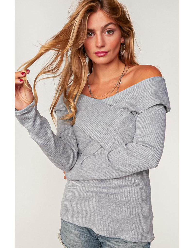 Haptics Grey Cross Shoulder Sweater (S-3XL)