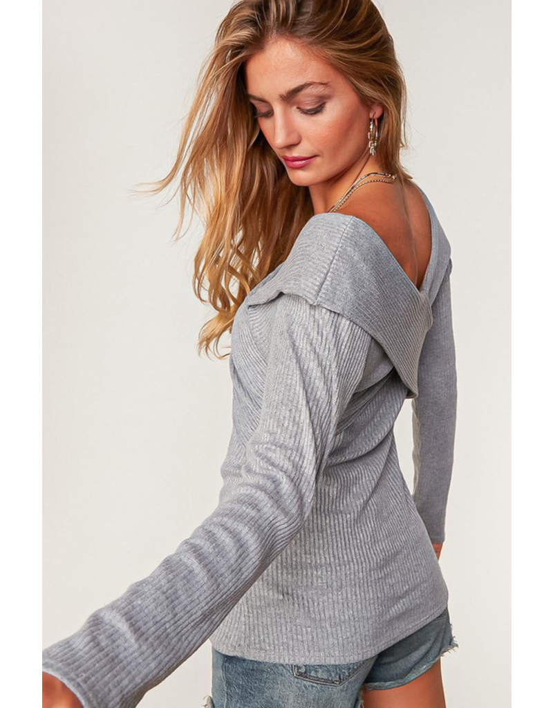 Haptics Grey Cross Shoulder Sweater (S-3XL)