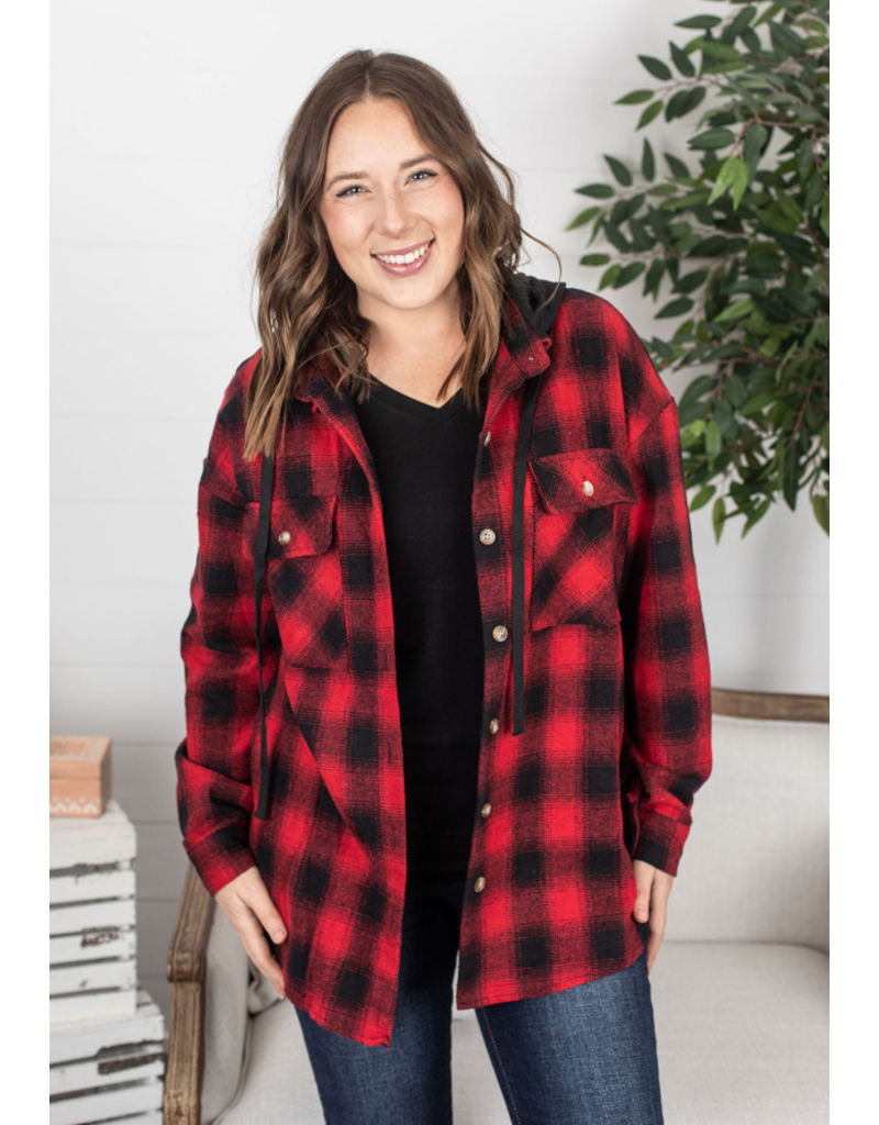 Michelle Mae Red + Black Plaid Hooded Jacket (S-3XL)