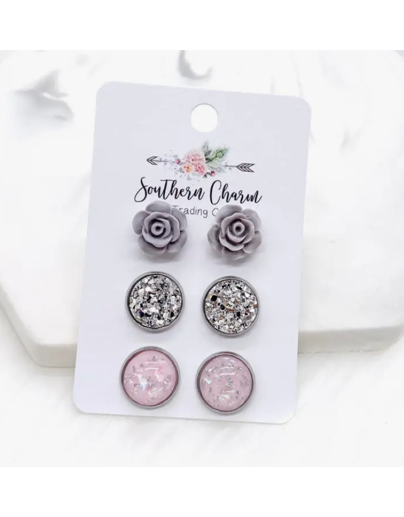 Southern Charm Trading Co Gray Rose & Pink Earring Trio Set