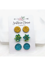 Southern Charm Trading Co Mustard Succulent Teal Trio Earring Set
