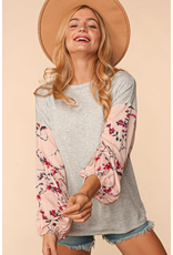 Haptics Grey & Blush Floral Sleeve Top (S-3XL)