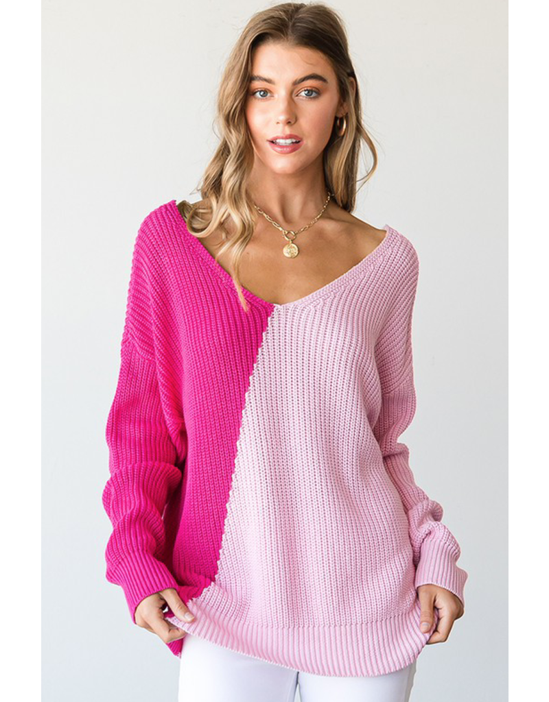 First Love Love Divided Pink Relaxed Sweater (S-L)