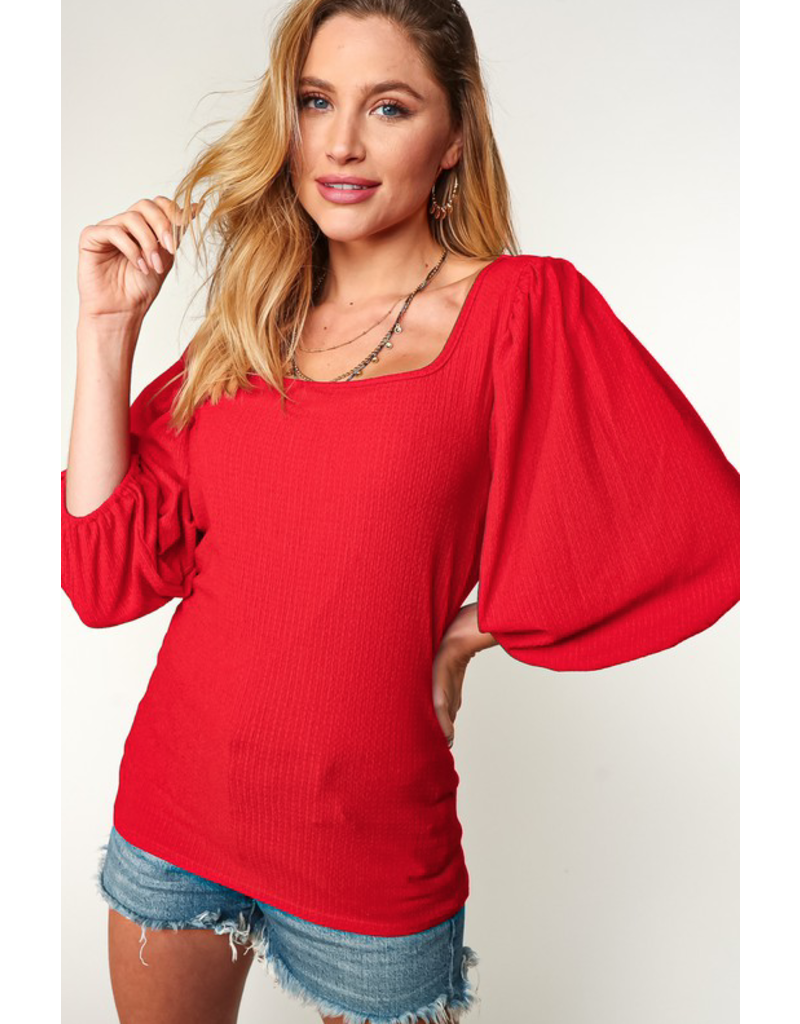 SugarFox Red Crepe Puff Sleeve Top (2XL ONLY)