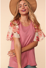 Haptics Rose Floral Flutter Sleeve Top (SMALL ONLY)