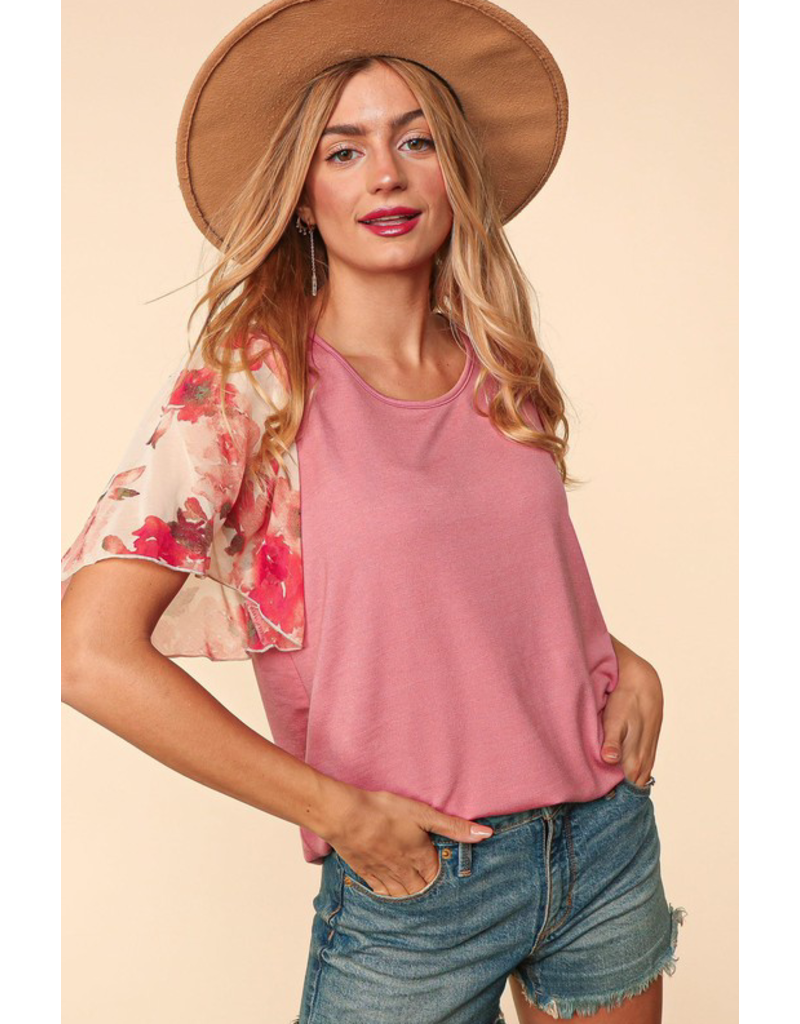 Haptics Rose Floral Flutter Sleeve Top (SMALL ONLY)
