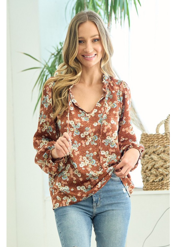 Lovely Melody Rust & Blue Floral Blouse  (S & XL Only)