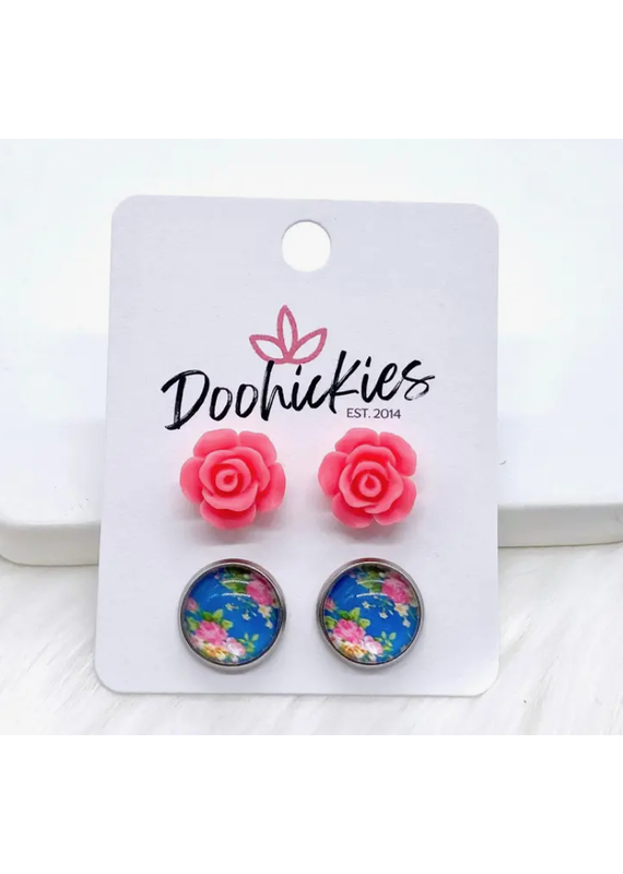 Doohickies Hot Pink Roses on Blue Earring Set