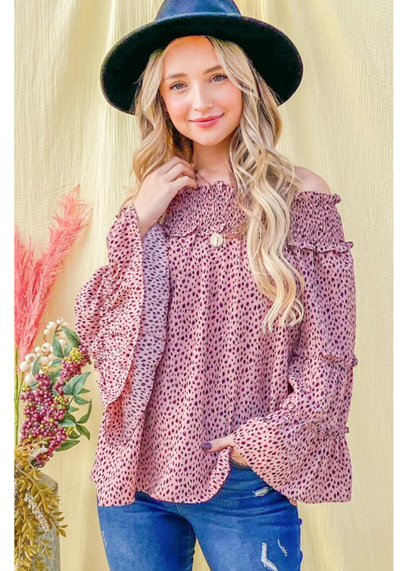 And the Why Mauve Leopard Bell Off Shoulder Top  (S-L)