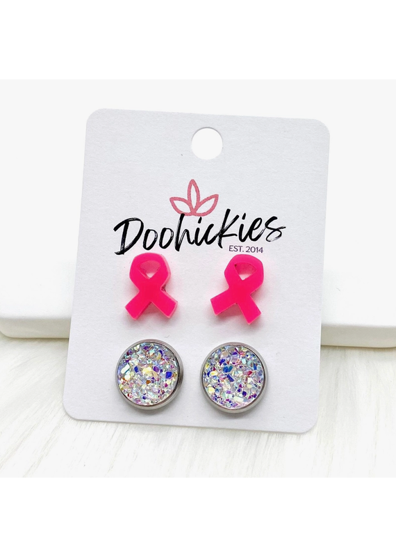 Doohickies Hot Pink Breast Cancer Ribbon Earring Set