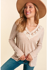 Haptics Taupe Lace V-Neck Ribbed Top (S-3XL)