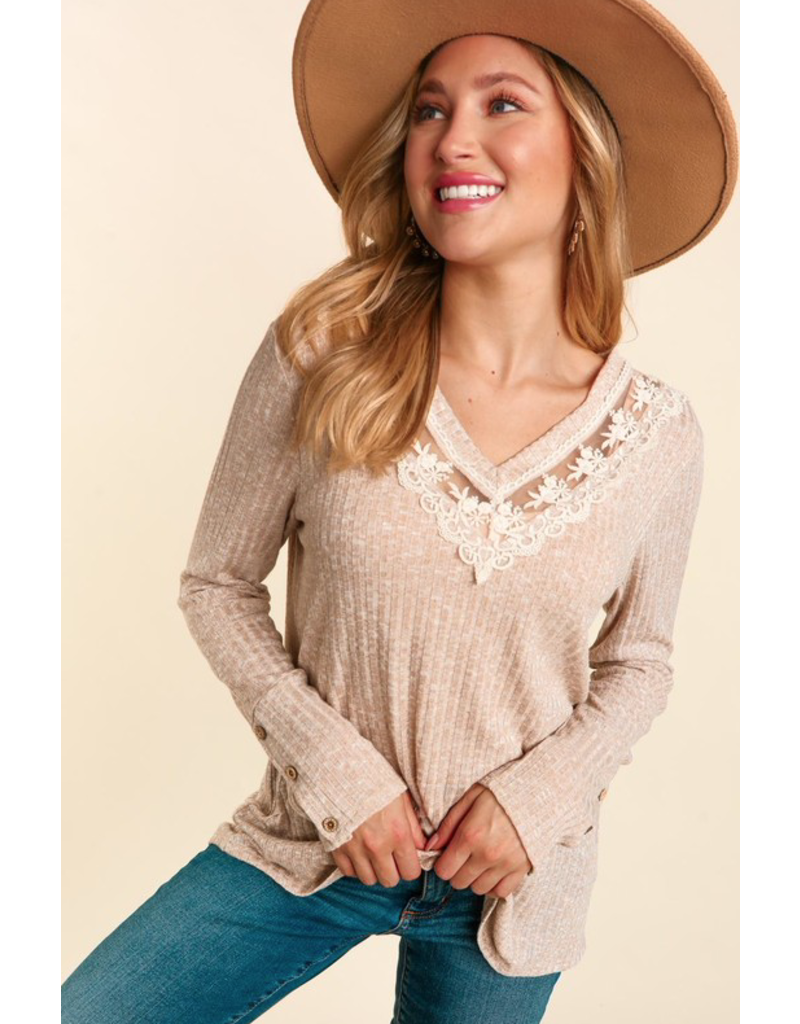 Haptics Taupe Lace V-Neck Ribbed Top (S-3XL)