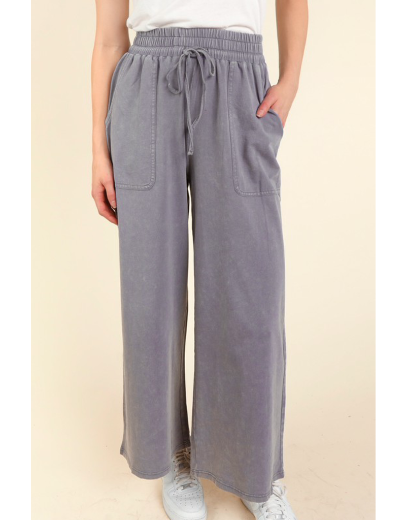 Steel Gray Palazzo Wide Leg Cotton Pants with Shirred Waist, Grey