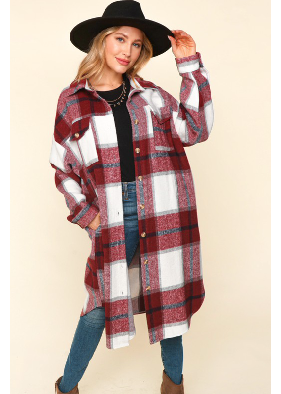 Haptics Deep Red Plaid Flannel Long Jacket (S-3XL)