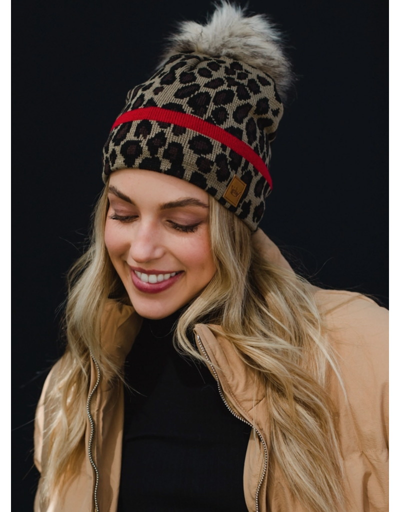 Panache Leopard Red Stripe Pom Beanie